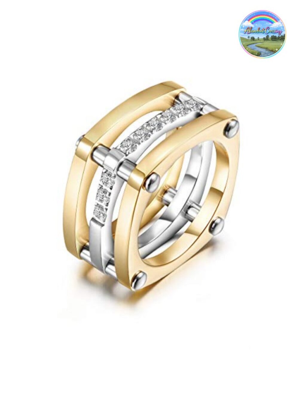 Square Chunky Cocktail Ring Gold Plated Stainless Steel CZ Statement Jewelry